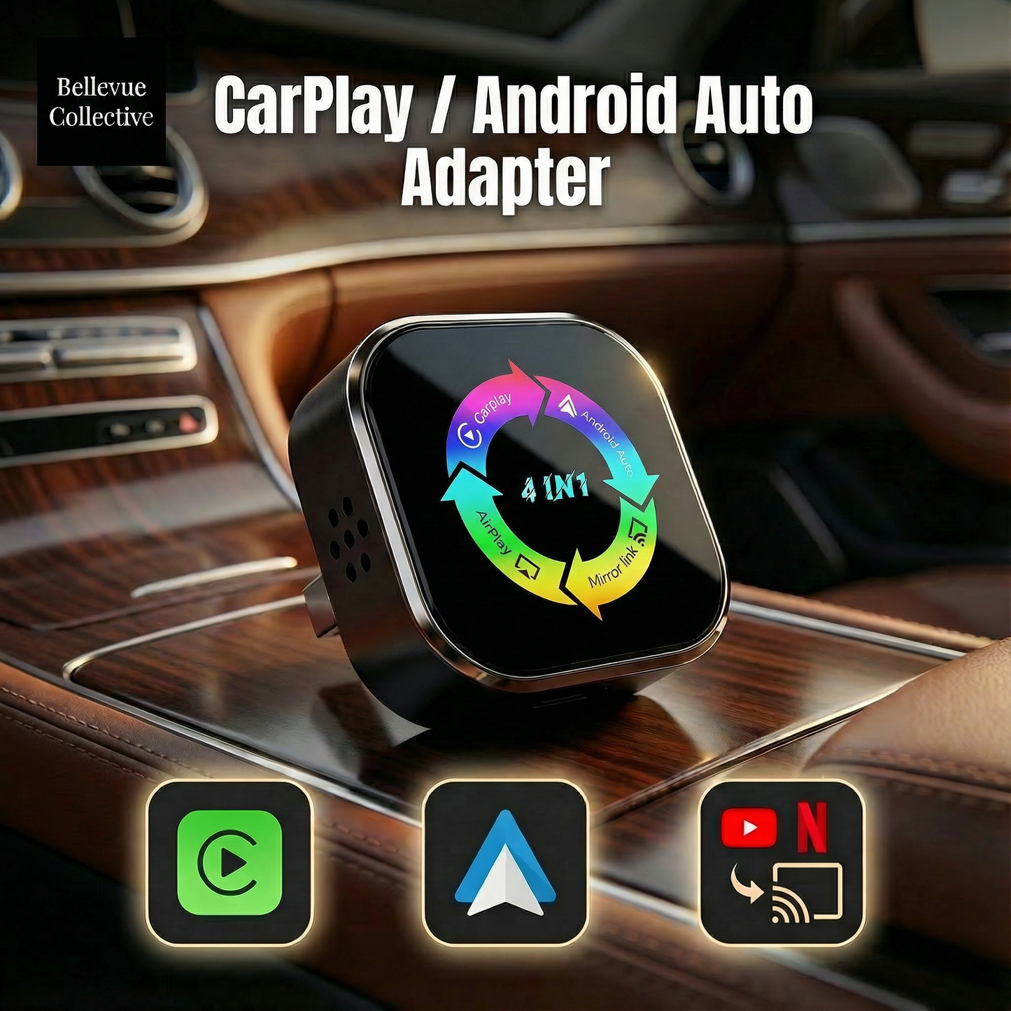 Wireless CarPlay & Android Auto Adapter (4-in-1 + Phone Mirroring + Screen Cast)