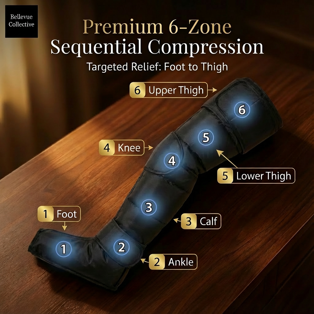 Wireless 360° Air Compression Leg Massager Boots (Foot-to-Thigh) + Smart Pressure Sensor, 3 Modes & 3 Intensities